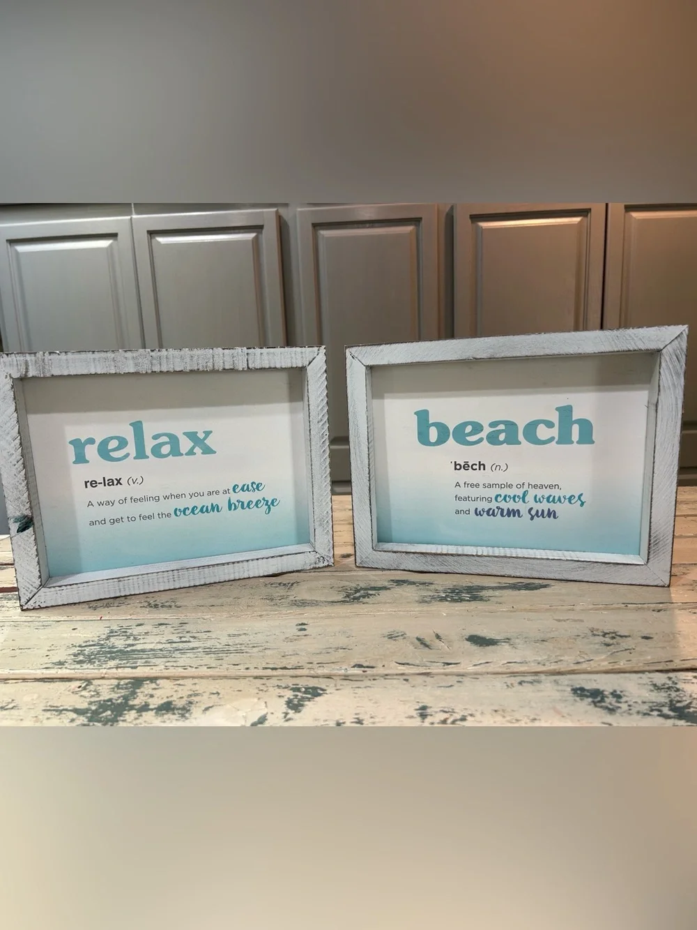 Set of 2 Coastal 'Relax' & 'Beach' Framed Wall Art Signs - Aqua Blue
